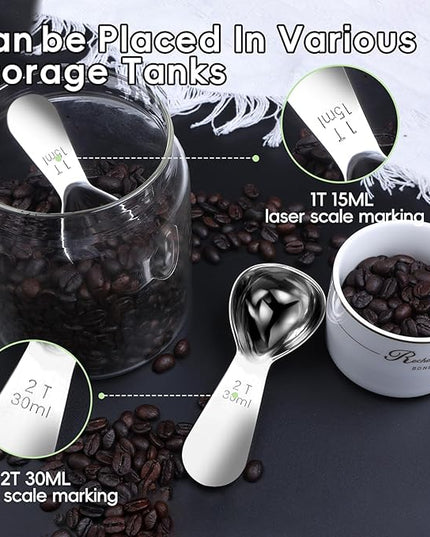 Coffee Scoop set,1&2Tablespoon Measuring spoon (2pieces) Ergonomic sdesign stainless steel manufacture,Coffee Scoop for Ground Coffee, Fits inside Airscape Canisters. (1TBSP&2TBSP(15ML&30ML))