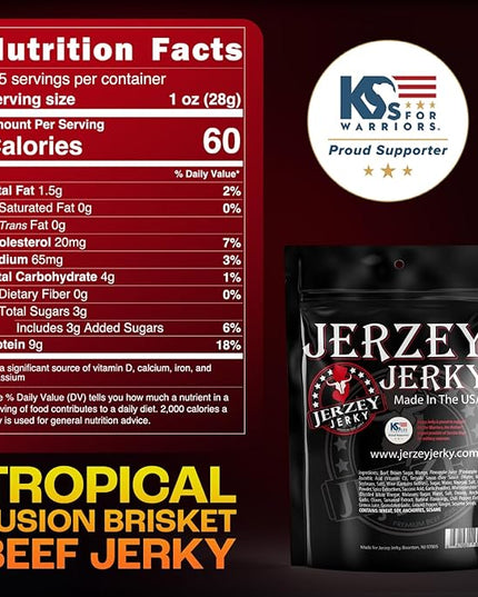 Jerzey Jerky Tropical Fusion Brisket Jerky 2.5oz (2 Pack) – High Protein, Gluten Free and Healthy Beef Snacks with Rich, Authentic Flavor