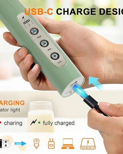 YUSWKO Granite Rechargeable Milk Frother for Coffee with Stand, Handheld Drink Mixer with 3 Heads 3 Speeds Electric Stirrers for Latte, Cappuccino, Hot Chocolate, Egg