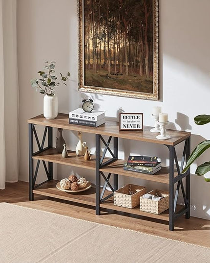IBF Rustic Console Table, Industrial Wood and Metal Sofa Table, Hallway Entry Table for Home Living Room, Barnwood Foyer Accent Entryway Table with Retro Vintage Storage Shelf, Rustic Oak, 55 Inch
