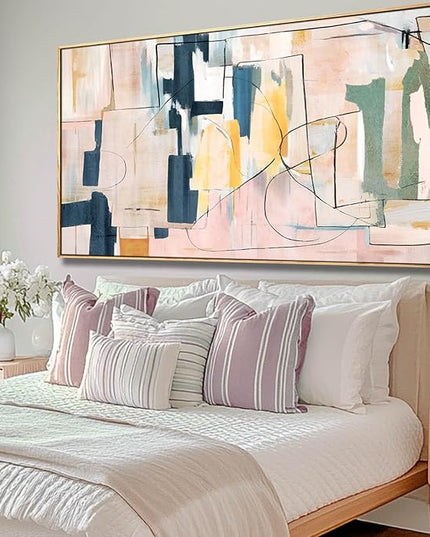 Pink Abstract Painting Large Wall Art Living Room Decor Blue Canvas Print Line Artwork Home Office Decoration 29x58 Inch