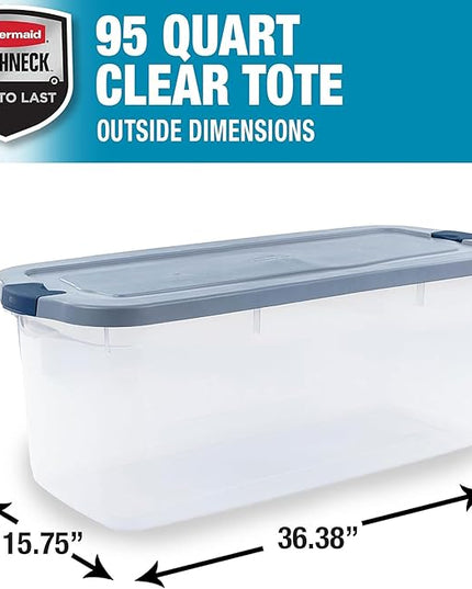 Rubbermaid Roughneck Clear 95 Qt/23.75 Gal Storage Containers, Pack of 4 with Latching Grey Lids, Visible Base, Sturdy and Stackable, Great for Storage and Organization