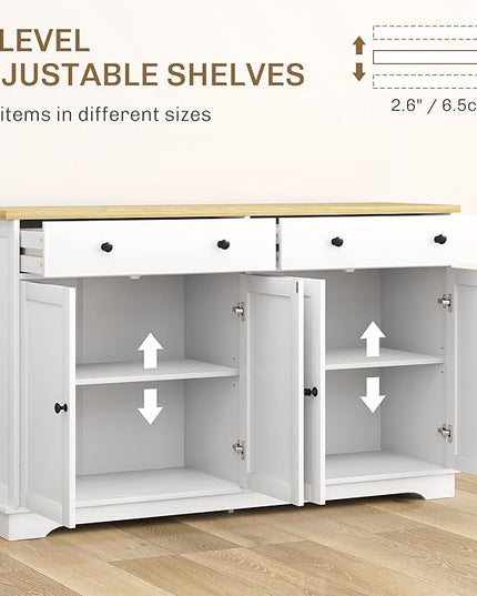 HOMCOM Sideboard Buffet Cabinet with Storage, 55" Modern Kitchen Cabinet with 4 Doors, 2 Drawers and 2 Adjustable Shelves, Coffee Bar, White