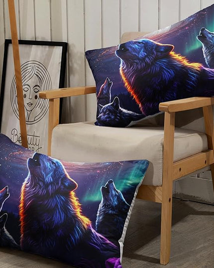 AILONEN Howling Night Wolves Bedding Sheet Set, Twin XL Size, Wolf Moon with Purple Rose Bedding Set for All Season,Wild Animal Pattern Bed Sheets,Soft Microfiber,1 Fitted Sheet and 2 Pillowcases