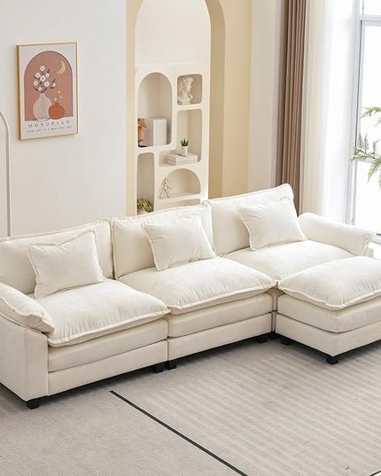 120" Modular Sectional Sofa, Comfy Cloud Couch Sectional Sofa with Ottoman, Chenille Sofa Sleeper Deep Seat Sofa with Throw Pillows for Living Room (Beige White, 120"- L Shape)