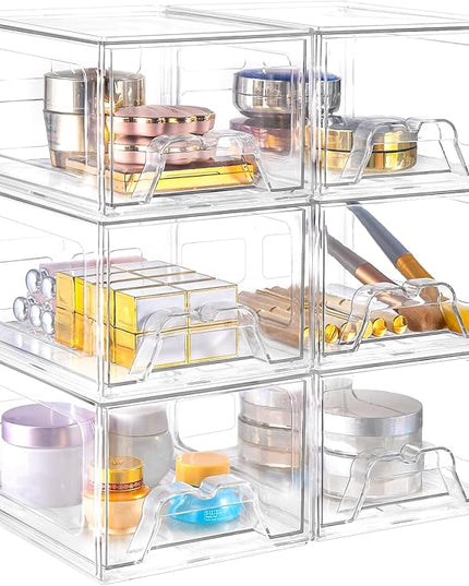 6 Pack Stackable Makeup Organizer, 4.4'' Tall Acrylic Bathroom Makeup Organizer and Storage Drawer with Pull-out Handle, Clear Plastic Storage Bins for Vanity,Pantry,Desk,Undersink,Kitchen