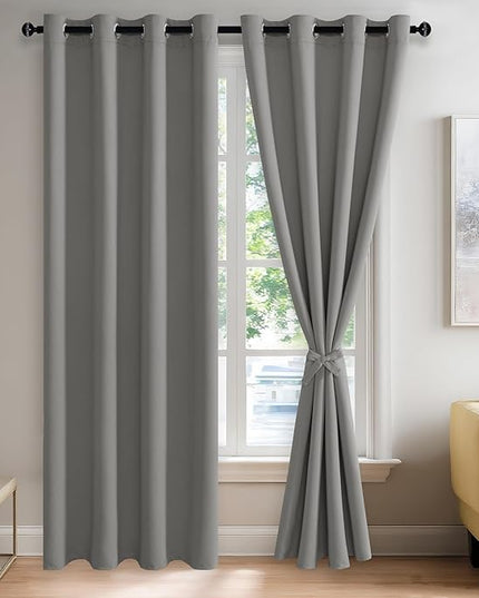 JIUZHEN Blackout Curtains with Tiebacks - Thermal Insulated, Light Blocking and Noise Reducing Grommet Curtain Drapes for Bedroom and Living Room, Set of 2 Panels, Light Grey, 52 x 84 Inch Length