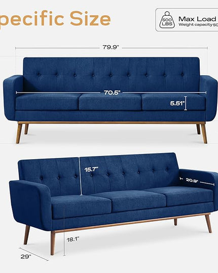 HUIMO Sofa Couch, Mid Century Modern Sofa with Solid Wood Frame, Button Tufted Couch for Bedroom, Living Room, Office, Apartment (Dark Blue, 80 inch)