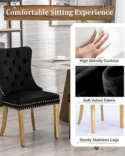 70" Modern Gold Glass Dining Table Set for 6, 7-Piece Rectangle Kitchen Dining Room Table Set with Steel Base & 6 Black Velvet Upholstered Chairs, Modern Glass Kitchen Table and Chairs Set of 6