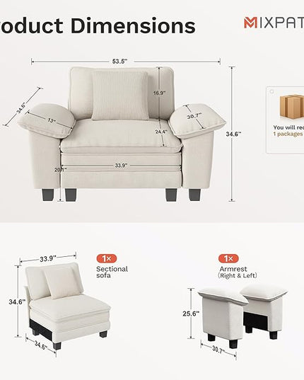 53.5" Cloud Modular Sectional Single Sofa, Deep Seat Armchair with Plush Chenille & Removable Arms for Living Room, Beige