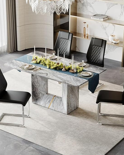 Dinner Table Set for 4, 5 Piece Dining Table Set with Chairs, 63" Faux Marble Modern Table with 4 PU Leather Upholstered Chairs, for Kitchen & Dining Room