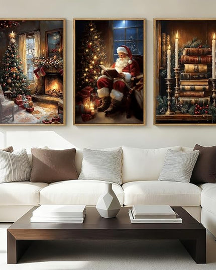 Christmas Wall Art 16x24 Inches Vintage Santa Claus Paintings Framed Christmas Winter Holiday Artwork Set of 3 for Living Room Bedroom