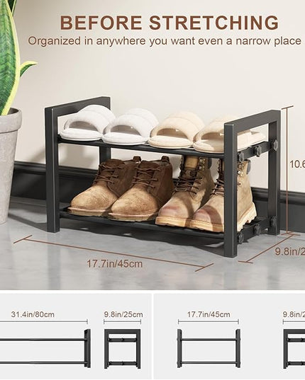 2-Tier Expandable Shoe Rack,Adjustable Shoe Shelf Storage Organizer Heavy Duty Metal Free Standing Shoe Rack for Entryway Closet Doorway (Black)