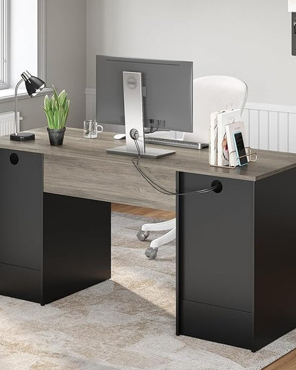 Bestier 59” Computer Desk with 4 Drawers, Office Desk with Storage, Industrial Executive Desk with File Drawer, Keyboard Tray & 2 Pedestals on Both Sides for Home Office & Studio, Grey