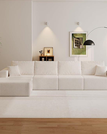 139" Boneless Cloud Sectional Couch for Living Room, Compressed Modular L-Shaped Sofa with Deep Seat, Frameless Corduroy Couch in Boxes, No Assembly Required 4-Seater (Right-Facing Chaise, Beige)