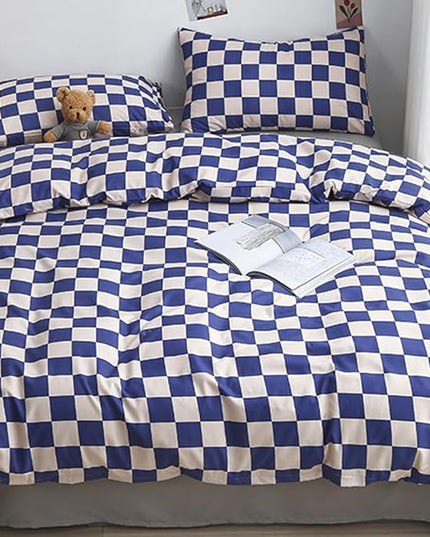 CLOTHKNOW Royal Blue White Plaid Full Size Comforter Sets Grid Bedding Comforter Sets Soft Blue Comforter with 2 x Pillow Cases