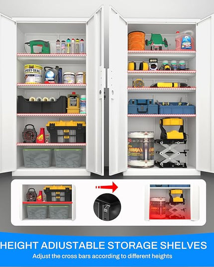 Metal Garage Storage Cabinet with Lock, 72" Tall Steel Storage Locker with 4 Adjustable Shelves, Heavy Duty Metal Cabinet for Garage, Office, Home, White