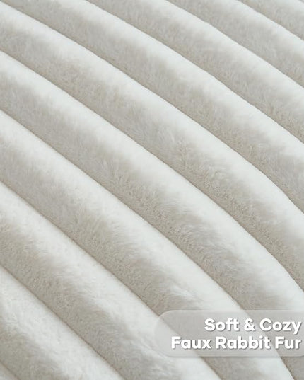 FUTEI Cream Throw Pillow Covers Set of 2, 22x22 Inch Striped Texture Cushion Cases with Soft Faux Rabbit Fur Front & Velvet Back, Modern Decorative Couch Pillows for Living Room