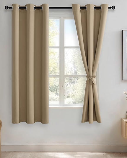 JIUZHEN Blackout Curtains with Tiebacks - Thermal Insulated, Light Blocking and Noise Reducing Grommet Curtains for Bedroom and Living Room, Set of 2 Window Curtain Panels, 38 x 63 Inch Length，Camel