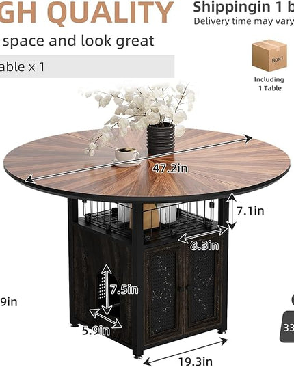 VFK 47" Round Dining Table Set for 4-6 People, Solid Wood & Metal Table with Storage Shelf, Walnut Kitchen & Dining Room Furniture (Cat Table)