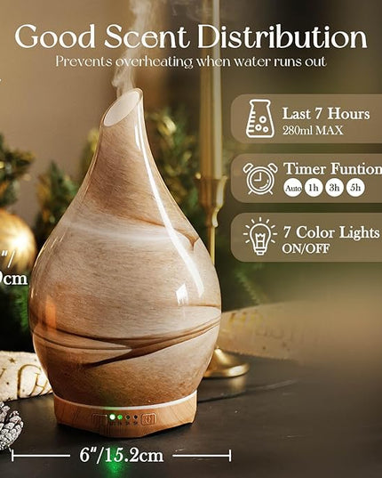 Porseme 280ml Essential Oil Diffuser Glass Color Changing Aroma Air Diffusers Aromatherapy Ultrasonic Cool Mist Humidifier 7 Running Hours Waterless Auto-Off for Sleeping, Yoga, Office, Spa (Desert)