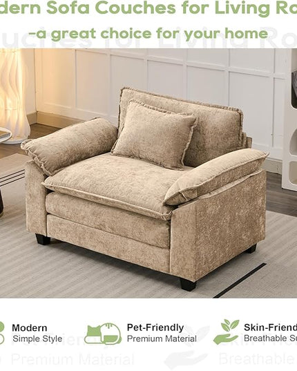 Modular Sectional Sofa, Comfy Cloud Couch Sectional Sofa, Chenille Sofa Sleeper Deep Seat Sofa with Throw Pillows for Living Room (Khaki, 53"- Single Seat)