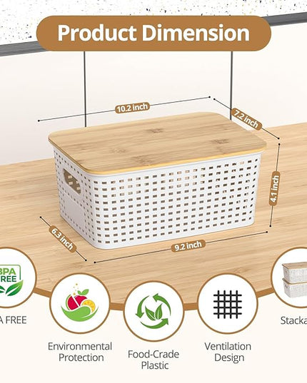 Plastic Storage Baskets with Bamboo Lids, Stackable Small Box Bins for Organizing and Containers for Shelves Drawers Desktop Closet Pantry Classroom Office Home, 6 Pack 10.2x7.2x4.1 Inch, White