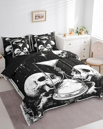 Feelyou Death Moth Comforter Set Full Size 7 Pieces Comforters Gothic Skull Skeleton Bedding Set Sand Clock Bed Set Bed in a Bag with Comforter, Sheets, Pillowcases & Cushion Covers