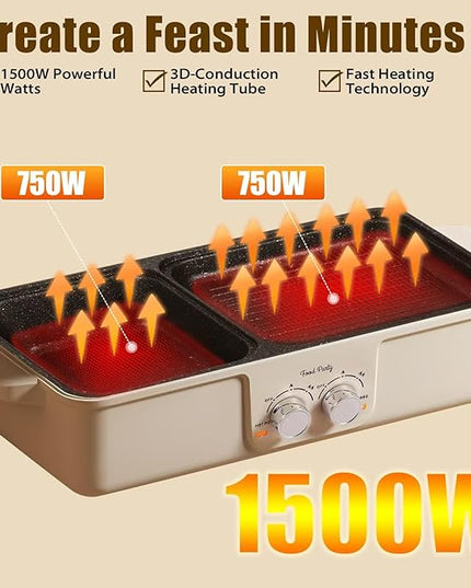 Food Party Hot Pot Electric Grill 2 in 1 Korean BBQ Grill Indoor Smokeless Hotpot Pot Electric Cooker Sahabu Shabu Pot Non Stick (Large)