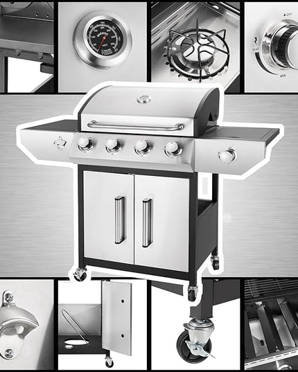 4-Burner Propane Gas BBQ Grill with Side Burner, Barbecue Gas Grill with Enameled Cast Iron Grates for Outdoor Patio Garden Barbecue, 53,000 BTU, Stainless Steel Grill Cover included