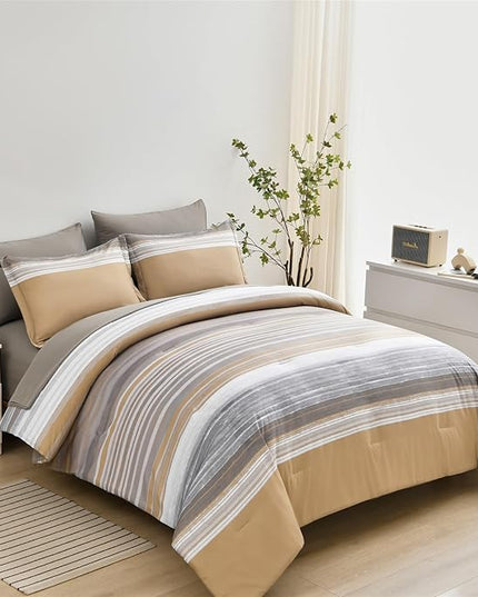7 Piece Bed in a Bag Stripe Comforter Set Full Size, White Grey Khaki Striped Comforter and Sheet Set, All Season Soft Microfiber Complete Bedding Set(Khaki,Full)