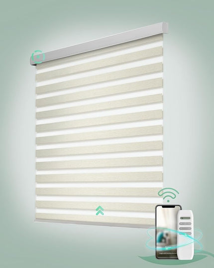 Yoolax Motorized Zebra Blinds, Remote Zebra Shades for Indoor Windows, Motorized Shades with Remote Light Control Horizontal Window Blinds Custom Size(80% Shading Beige)