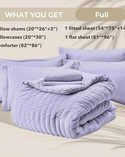 HYMOKEGE Light Purple Full Size Comforter Sets Seersucker 7 Pieces, All Season Luxury Bed in a Bag for Bedroom, Bedding Set with Comforter, Sheets, Pillowcases & Shams