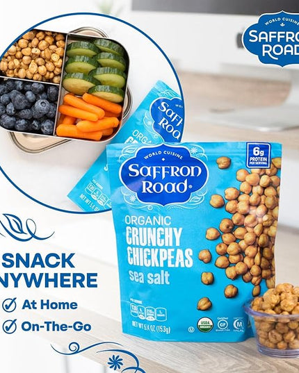 Saffron Road Organic Roasted Sea Salt Crunchy Chickpeas | High-Protein, Vegan, Gluten-Free, Non-GMO, Halal & Kosher Certified Snack | 5.4 oz Resealable Pouch | Pack of 6