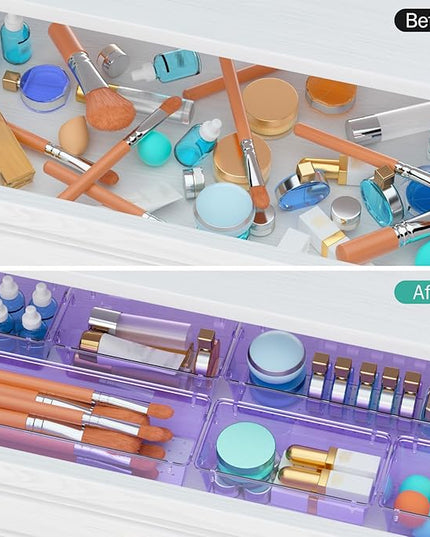 WOWBOX 6 Pack Clear Drawer Organizer Set, Acrylic Drawer Storage Trays, Storage Bins for Makeup, Cosmetics, Jewelries, Utensils, Gadgets, Office, Purple