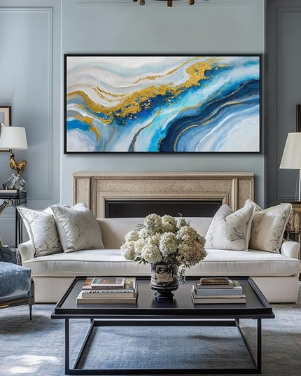 Abstract Canvas Blue Wall Art for Living Room - Modern Gold Wall Art, Office Wall Decor, Above Bed Wall Decor, Large Pictures for Bedroom Framed Artwork for Walls 20×40IN