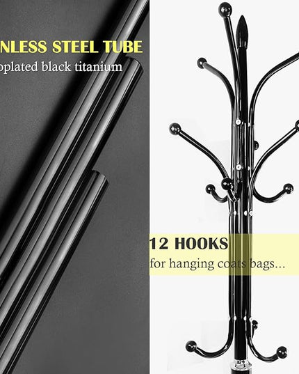 Kertnic Metal Coat Rack Stand with Natural Marble Base, Free Standing Hall Tree with 12 Hooks for Hanging Scarf, Bag, Jacket, Home Entry-way Hat Hanger Organizer (Black)