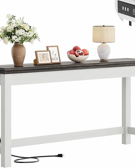 Cyclysio 63" Console Tables for Entryway, Long Console Tables for Living Room, Behind Couch Table, Sturdy Wood Support Farmhouse Entryway Table with 3AC+2USB Charging‌ Station, Oak Grey