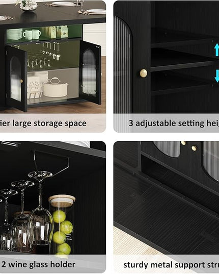 HSH Black Dining Table for 4 to 6, Modern Kitchen Dining Room Table with 3-Tier Storage Shelf and Acrylic Door Cabinet, Rectangular Wooden Dinner Tables for Home Kitchen Living Room, Black Oak，63 in