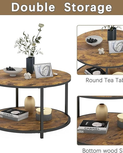 NSdirect Round Coffee Table, 25.6" Small Coffee Table for Living Room,2-Tier Rustic Wood Desktop with Storage Shelf Modern Design Home Furniture(Brown)