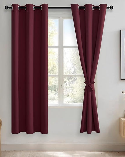 JIUZHEN Burgundy Blackout Curtains for Bedroom - Light Blocking and Noise Reducing Grommet Curtains for Living Room Darkening Curtains, Set of 2 Window Curtain Panels, 38 x 72 Inch Length