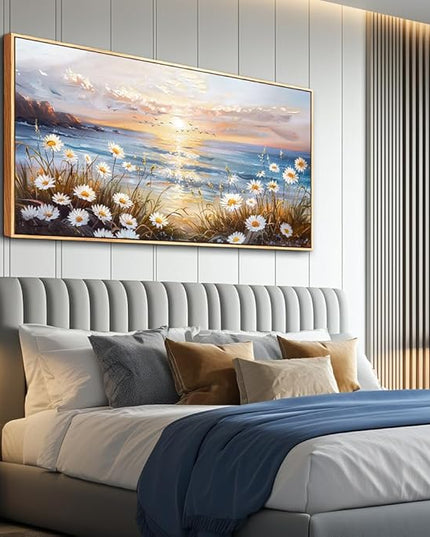 PHAOHUAXM Large Wall Decor For Living Room Canvas Wall Art For Office Bedroom AestheticBlue Ocean Landscape Painting Artwork Pictures Beach Posters Ready To Hang Home Decoration 30"x60" Wood Framed