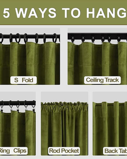 KOUFALL 63 Inch Length Green Velvet Blackout Curtains for Living Room, Rod Pocket Thermal Insulated Room Darkening Blackout Curtains for Bedroom, Wide 52 x 63 Inch Long, 2 Panel Set