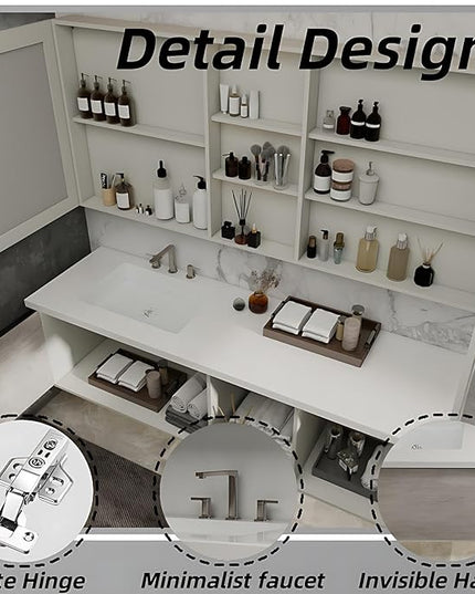Bathroom Vanity with Sink - Modern Bathroom Cabinet | Large Storage Cabinets & Open Storage Compartments, Smart Defogging Mirror has Surrounding LED Lights (Light Gray, 60IN)