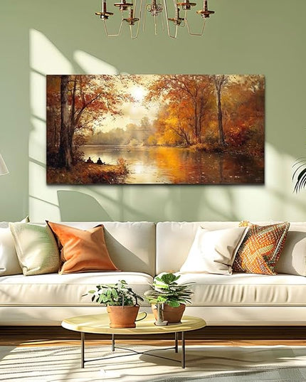 FUHAIHUA Canvas Wall Art For Living Room Large Wall Decor For Bedroom Aesthetics Office Wall Decoration Saffron Yellow Tree Landscape Painting Forest Picture Artwork Ready To Hang Home Decor 24"X48"