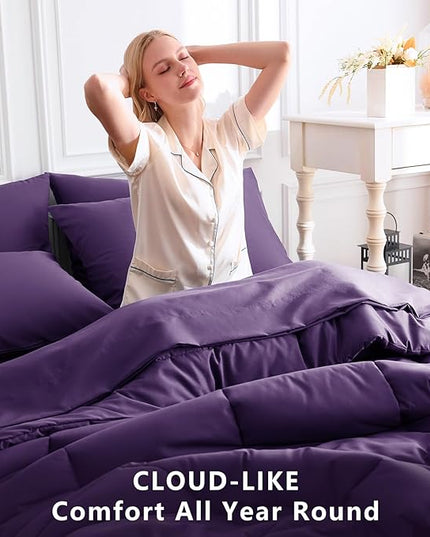 CozyLux King Size Comforter Set Purple, 7 Pieces Bed in a Bag, Purple Comforter King Size, All Season Bedding Sets with Stitch Quilted Comforter, Flat Sheet, Fitted Sheet, Pillowcases