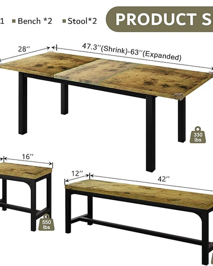 iPormis 5-Piece Dining Table Set for 4-8 People, Extendable Kitchen Table Set with 2 Benches and 2 Square Stools, Mid-Century Dining Room Table with Metal Frame & MDF Board, Saving Space, Rustic Brown