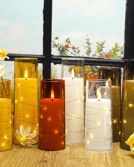 Flickering Flameless LED Candles, 9 Pcs with Embedded Star String, Acrylic LED Pillar Candles with Remote, Suitable for Home Decoration (Grey)
