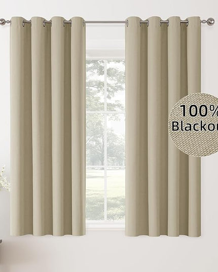 ChrisDowa 100% Blackout Tan Solid Curtains 63 Inches Long 2 Panels for Bedroom Living Room,Farmhouse Room Darkening Thermal Insulated Soundproof Grommet Top Window Treatment Drapes,52x63