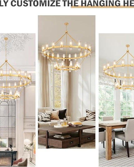 60 Inch Gold Wagon Wheel Chandelier with Glass Shade, 30 Lights, 2 Tier Round Modern Farmhouse Chandelier, High Ceilings Pendant Lighting Fixture for Dining Room, Living Room, Kitchen, Foyer